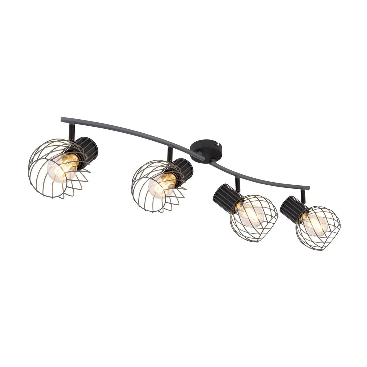 Vue de face du plafonnier quatre spots anthracite avec cages métalliques grillagées