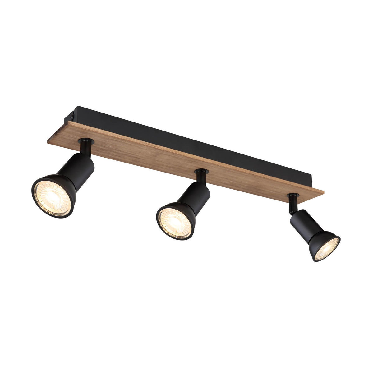 Vue isolée sur fond blanc du spot triple avec platine en bois et projecteurs noirs orientables.