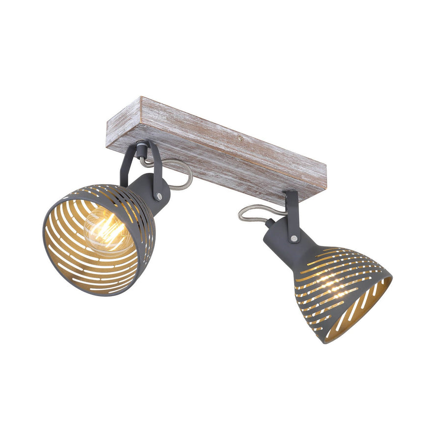 Luminaire deux spots orientables, platine en bois blanchi et coupelles métal noir