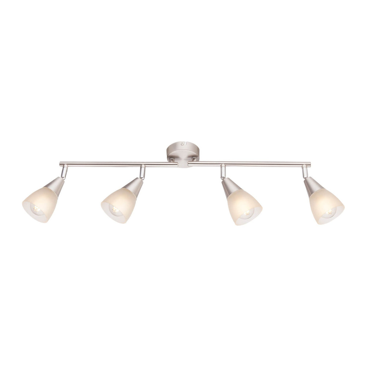 Produit de face sur fond blanc, présentant le plafonnier et ses quatre spots orientables.