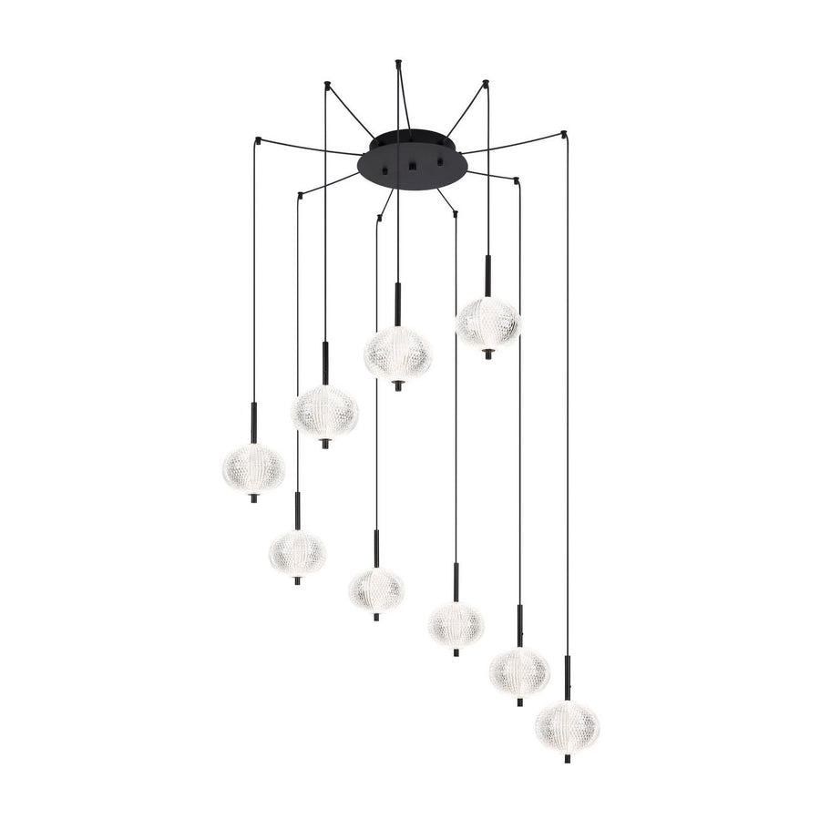 Vue de face sur fond blanc d'une suspension à neuf globes de verre texturé