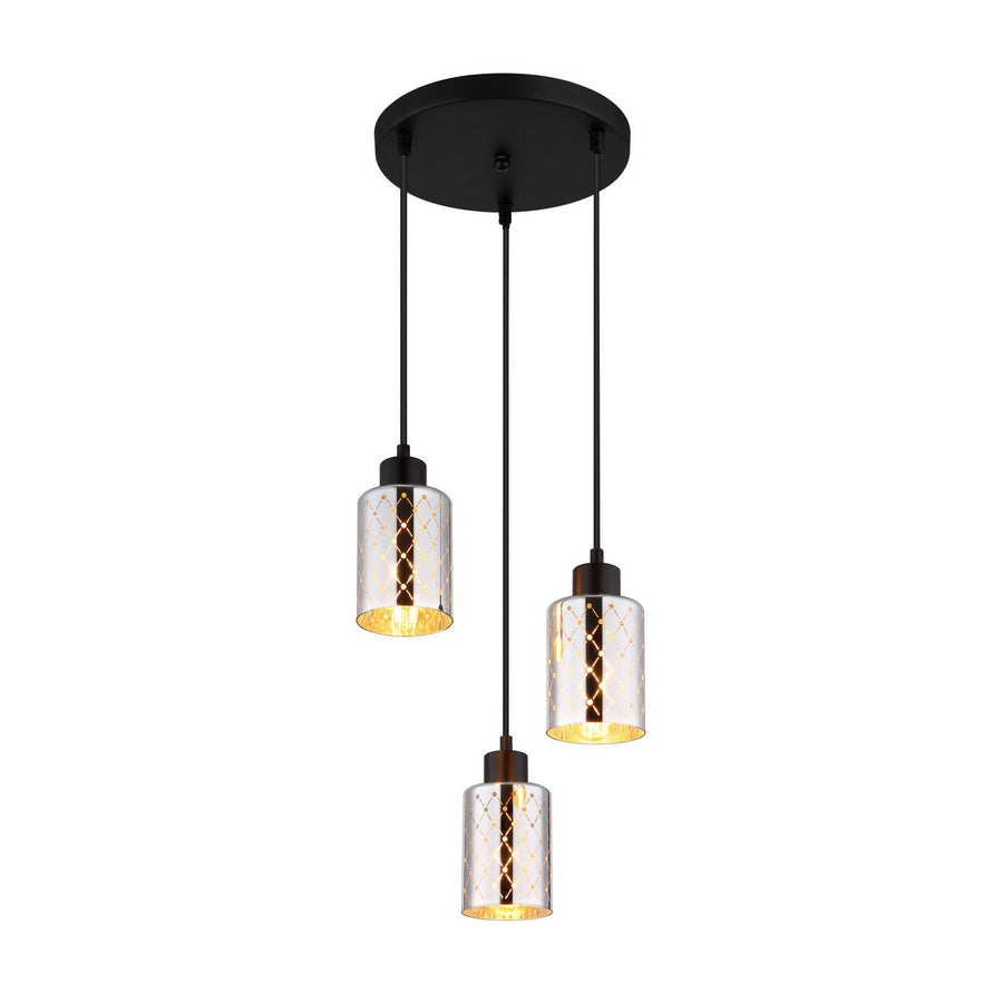 Suspension noire à trois abat-jours cylindriques en verre transparent, vue de face sur fond blanc