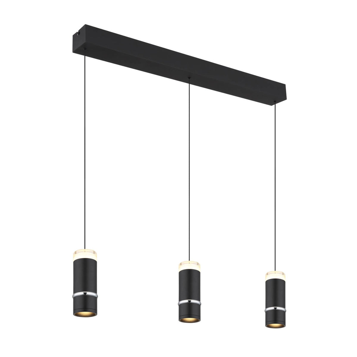 Suspension noire mate avec trois cylindres suspendus et barre rectangulaire au plafond.