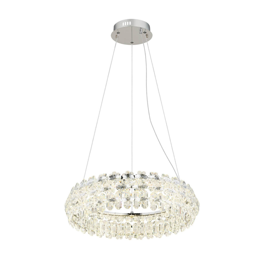Suspension ronde en cristal tenue par câbles, vue de face sur fond blanc