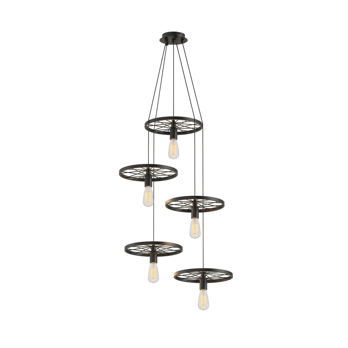 Suspension noire à cinq anneaux métalliques suspendus en cascade, ampoules Edison allumées