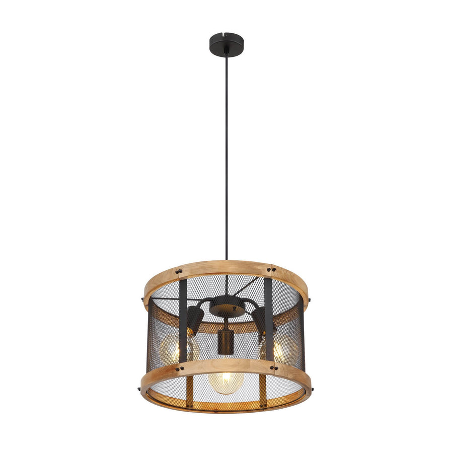 Vue de face de la suspension cylindrique avec abat-jour en bois et grille métallique noire.