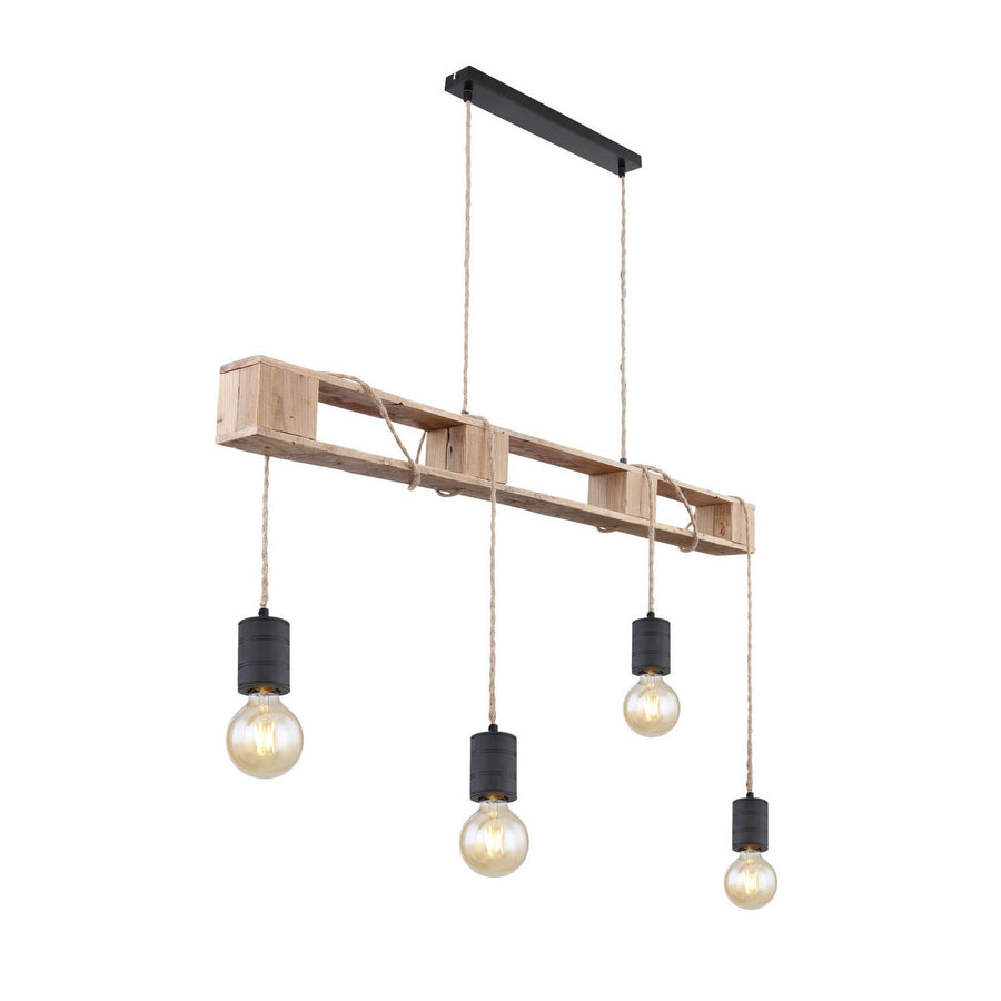 Suspension linéaire en bois clair avec quatre ampoules suspendues sur fond blanc