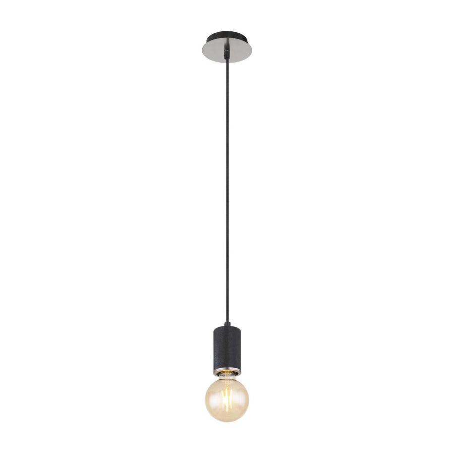 Suspension noire complète sur fond blanc, câble et ampoule globe visibles.
