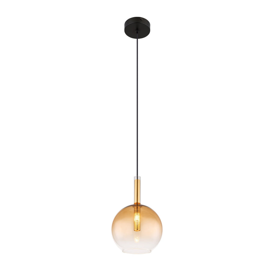 Vue d'ensemble de la suspension boule en verre ambré sur fond blanc