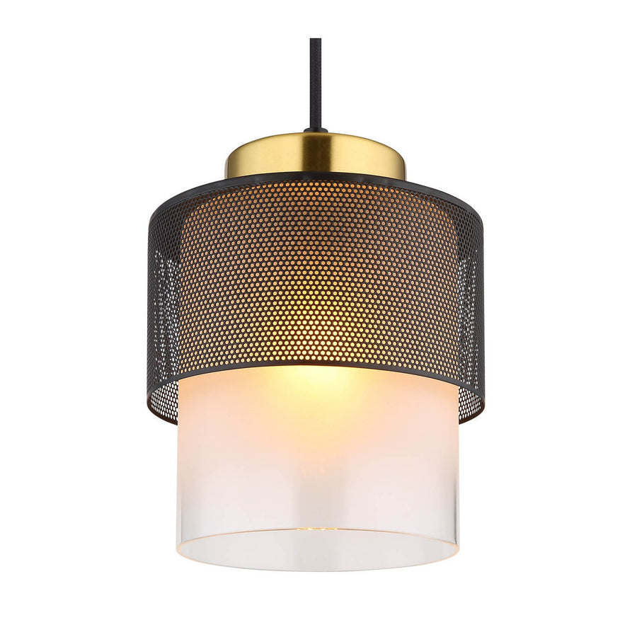 Vue de face du luminaire suspendu, abat-jour métal perforé noir et verre dépoli blanc