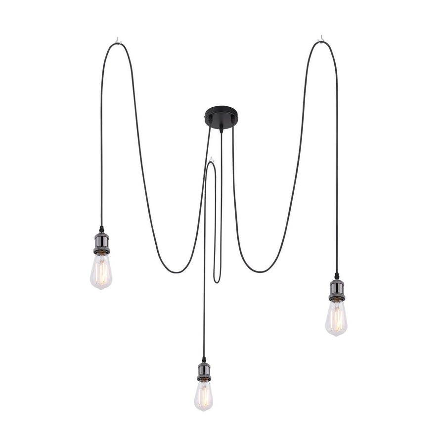 Vue de face du luminaire noir à trois suspensions et câbles formant de grandes boucles