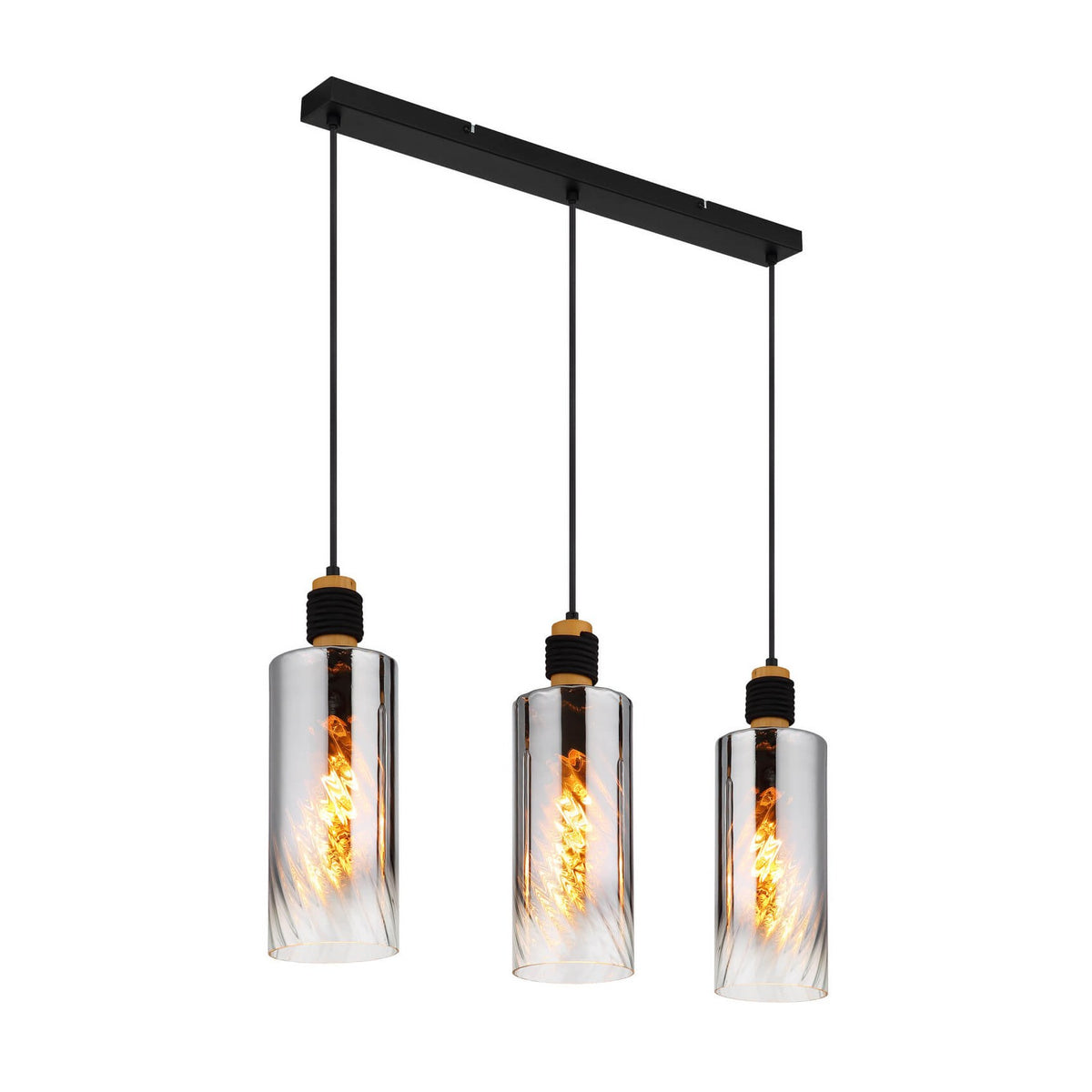 Vue de face du luminaire à trois suspensions, verres cylindriques et ampoules allumées
