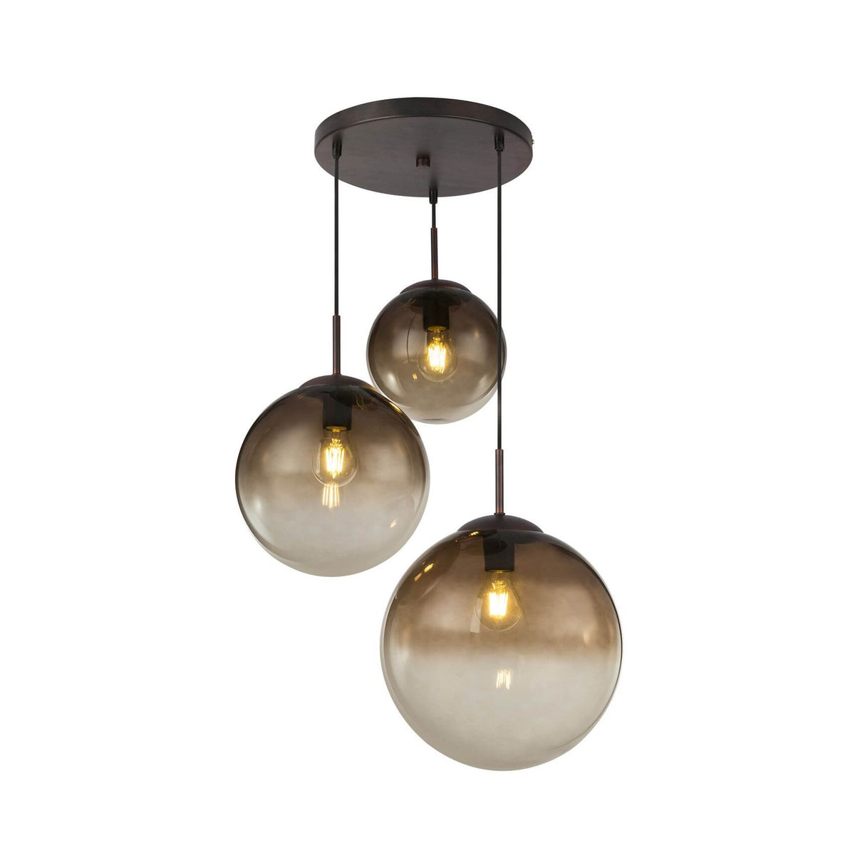 Suspension trois globes de verre fumé marron, vue de face sur fond blanc