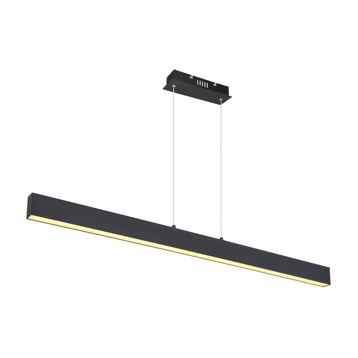 Vue de trois quarts d'un luminaire suspendu linéaire noir avec diffuseur LED.