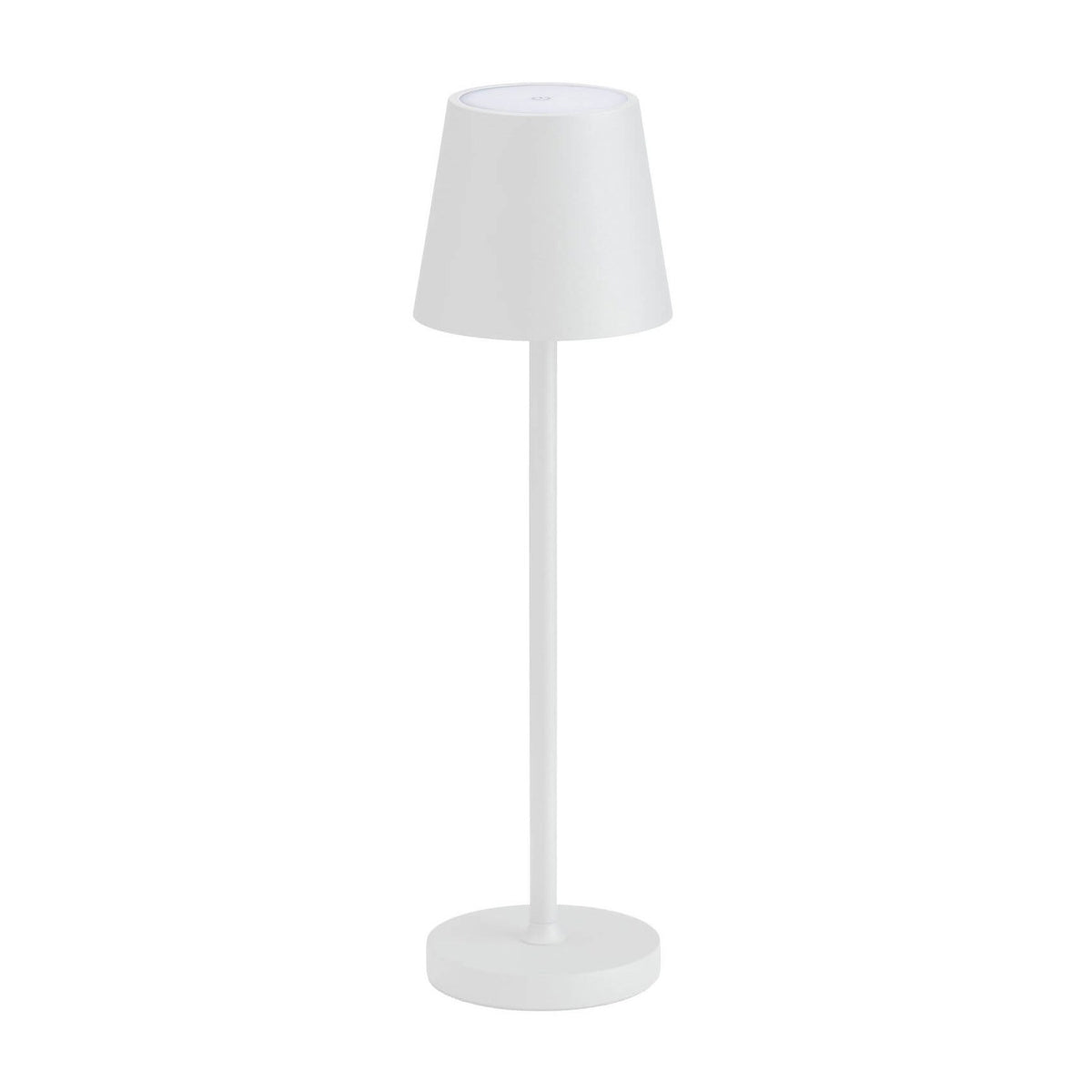 Lampe blanche sans fil vue de face, sommet de l'abat-jour avec commande tactile visible.