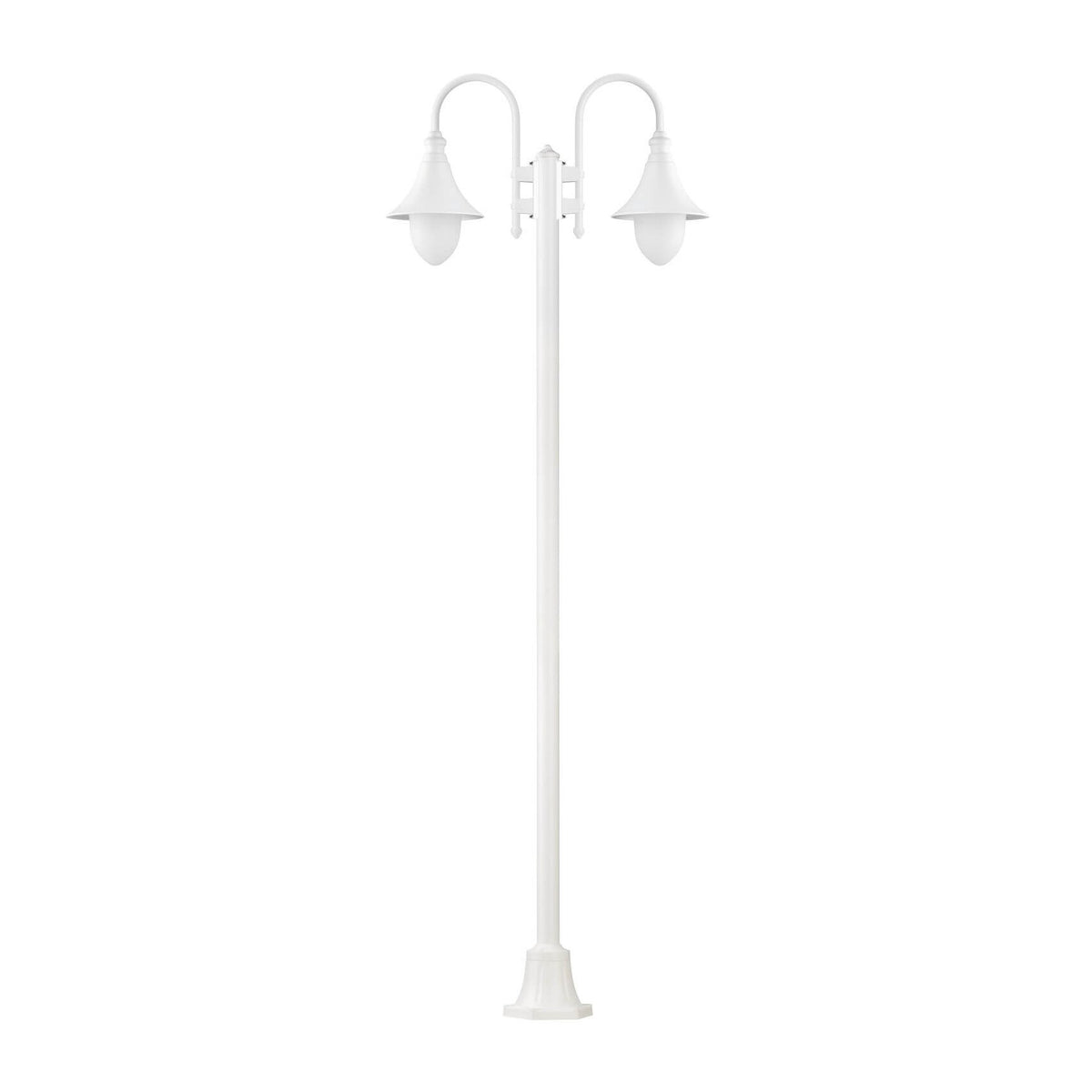 Lampadaire extérieur blanc à deux bras recourbés, vue de face sur fond neutre