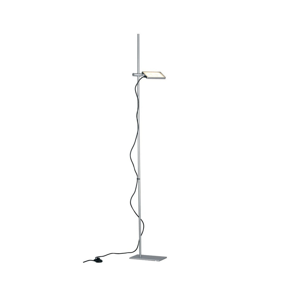 Lampadaire argenté présenté de face avec base plate et tête lumineuse rectangulaire