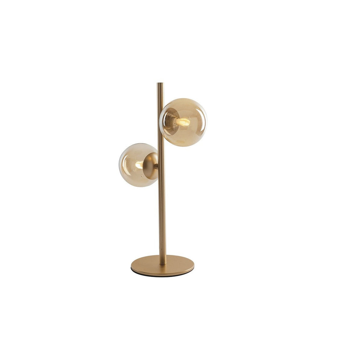 Lampe à poser de face, deux globes en verre ambré sur tige en laiton doré