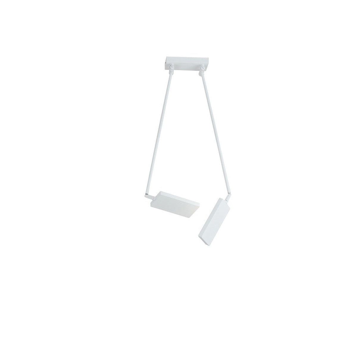 Vue de face du plafonnier blanc avec bras inclinés et diffuseurs rectangulaires, sur fond blanc