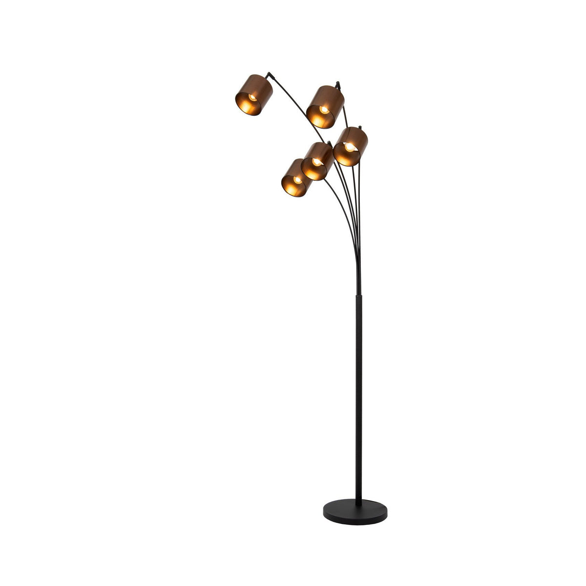 Lampadaire noir à cinq abat-jours cylindriques cuivrés, vue de face sur fond blanc