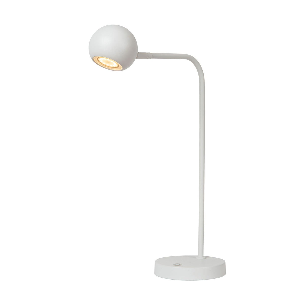 Lampe à poser blanche de profil avec abat-jour sphérique et bras coudé.