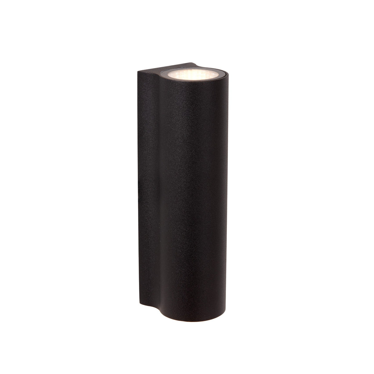 Applique murale extérieure noire cylindrique vue de trois quarts sur fond blanc