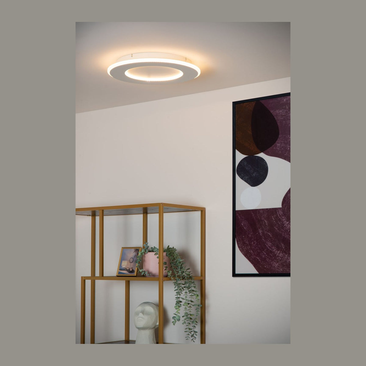 Vue d'ambiance : plafonnier rond allumé au plafond, étagère dorée et tableau en fond
