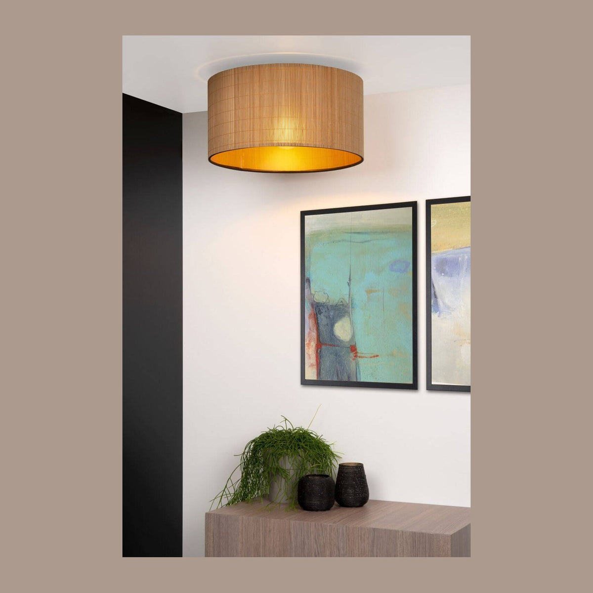 Plafonnier Magius bois clair et noir, rotin