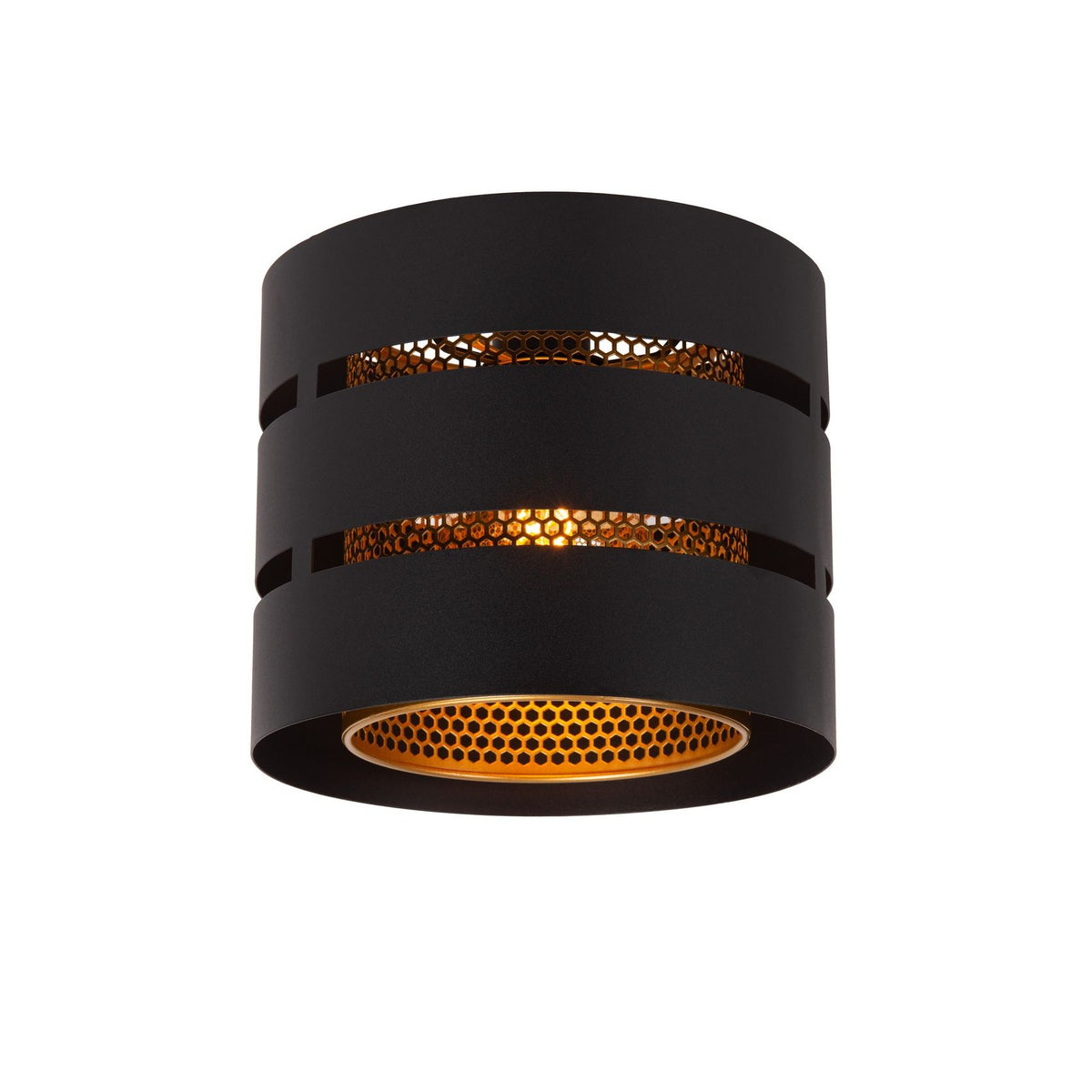 Plafonnier cylindrique noir mat vu de face, bandes dorées perforées illuminées par la lumière