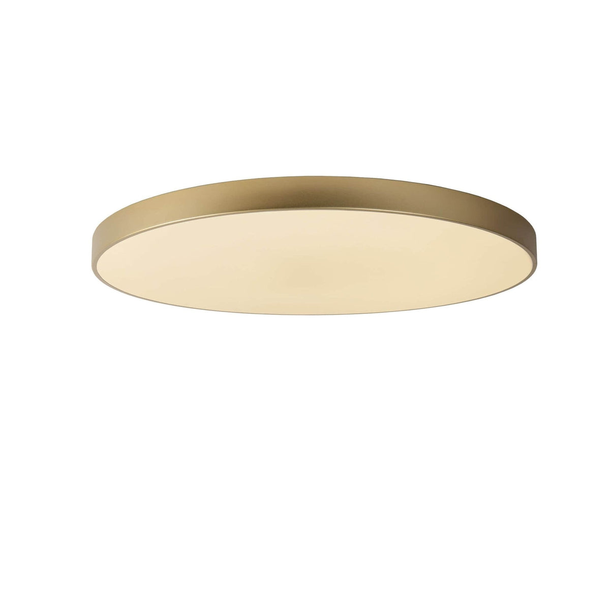 Vue de face du plafonnier rond doré et son diffuseur opale lumineux