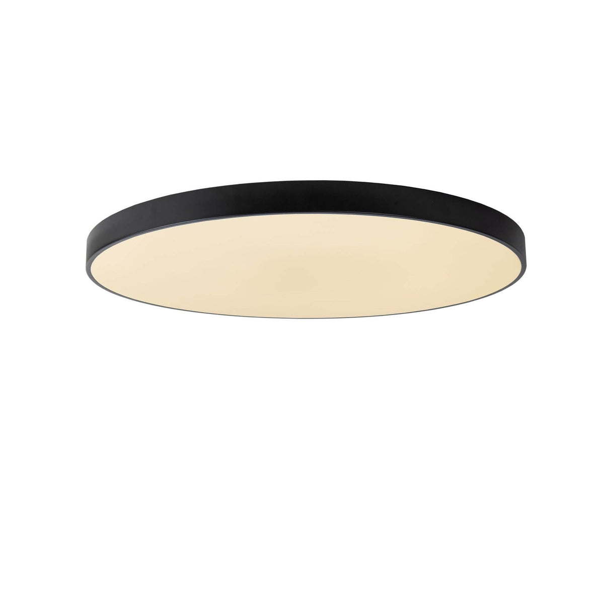 Plafonnier rond noir vu de dessous, diffuseur opale beige allumé