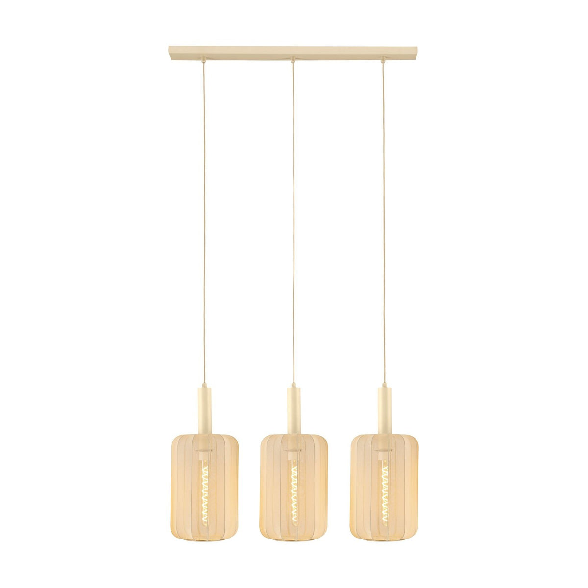 Suspension trois lumières beige avec barre de fixation et abat-jours rectangulaires en tissu.