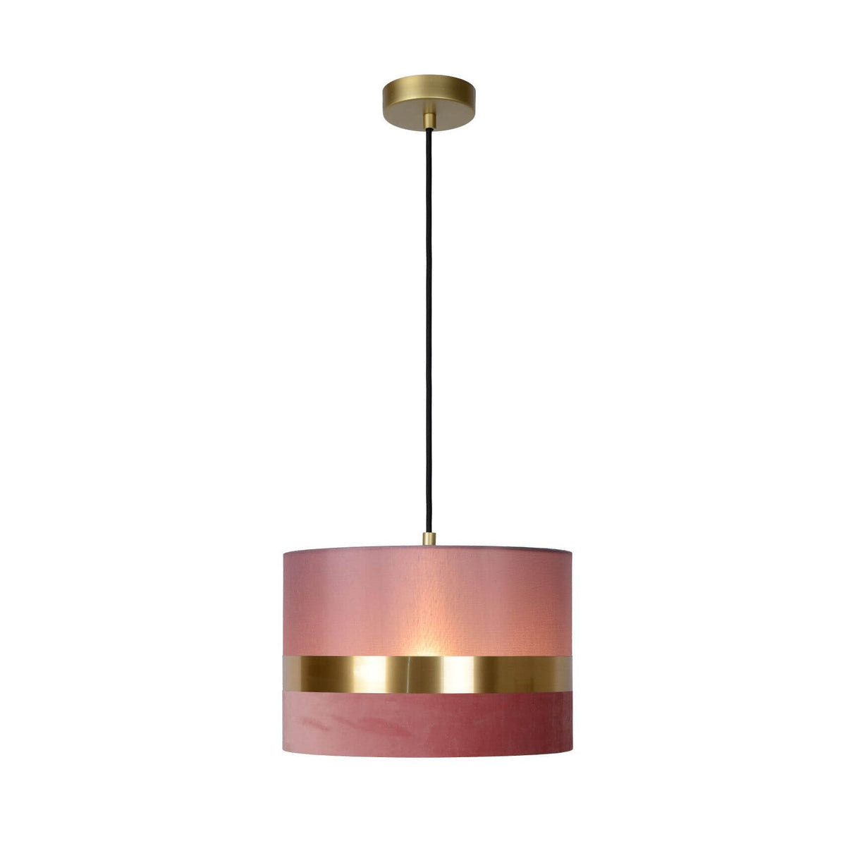 Vue de face du luminaire suspendu rose avec bande dorée et câble noir