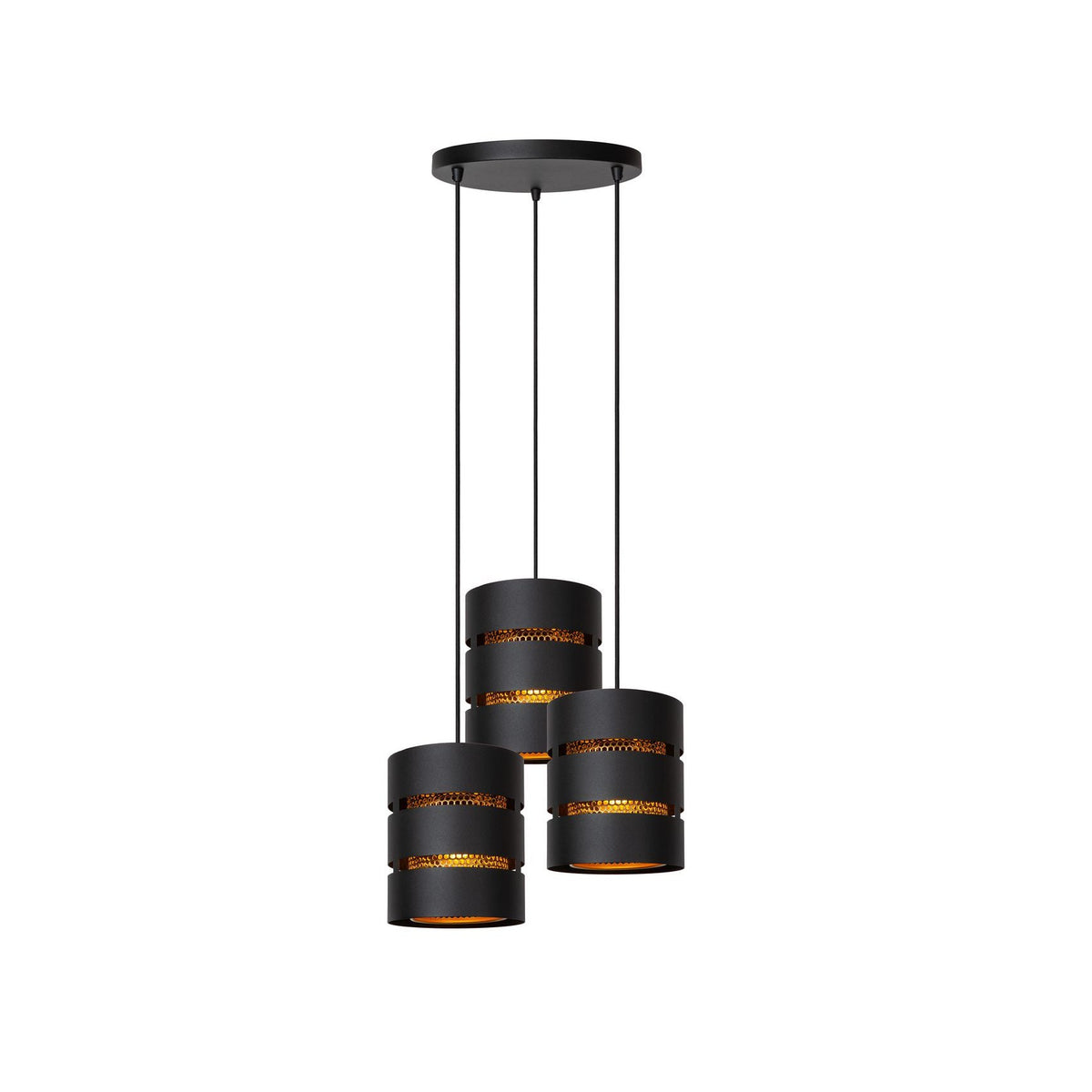Suspension trois lumières noire et dorée, trois cylindres noirs suspendus par cordons.