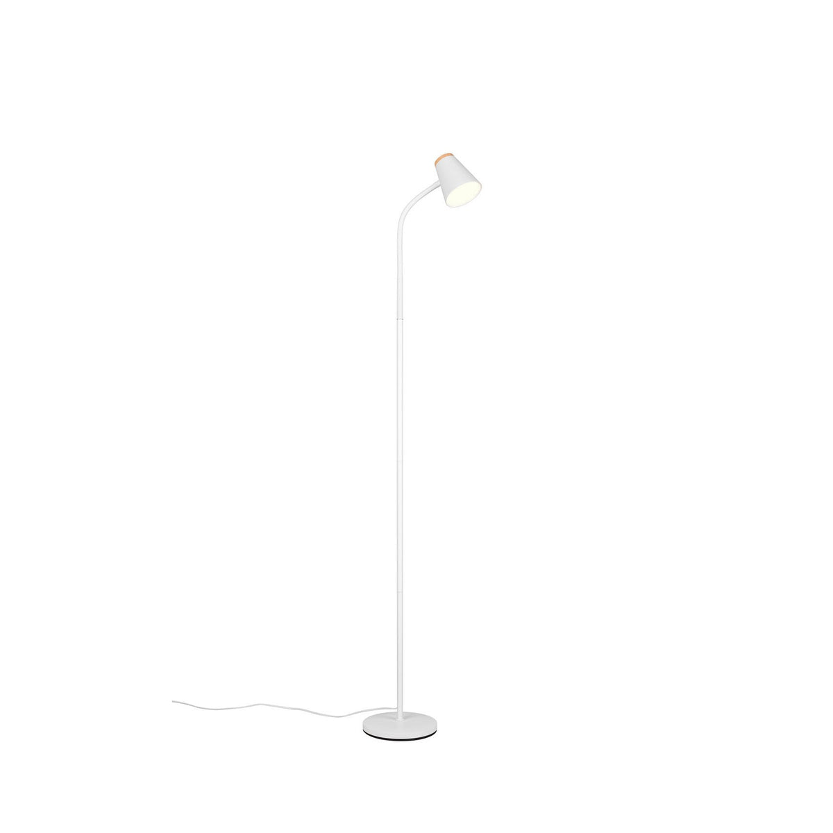Lampadaire blanc à abat-jour conique et pied incurvé, vu de profil sur fond blanc.