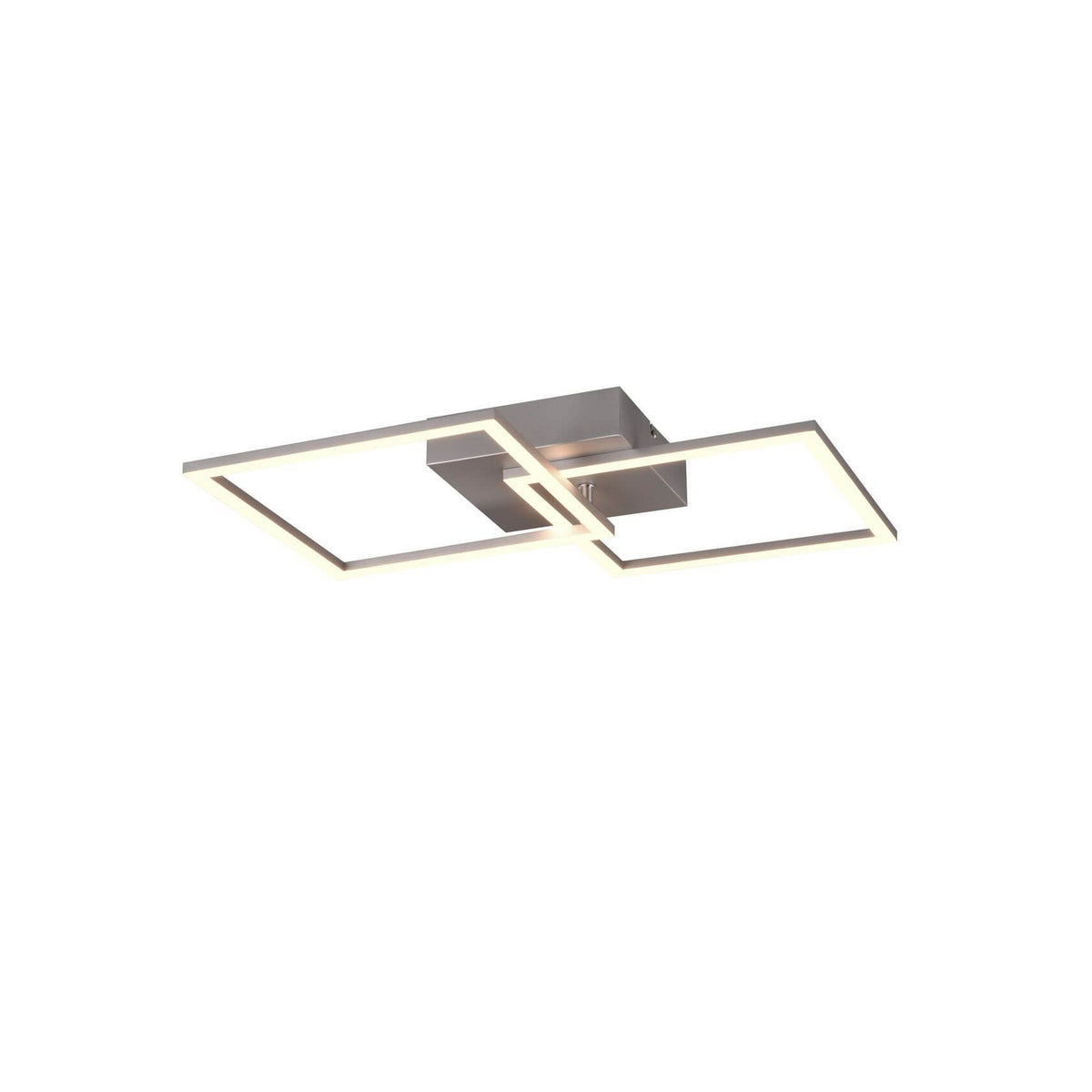 Plafonnier rectangulaire double cadre croisé, vu de trois quarts, éclairage LED allumé