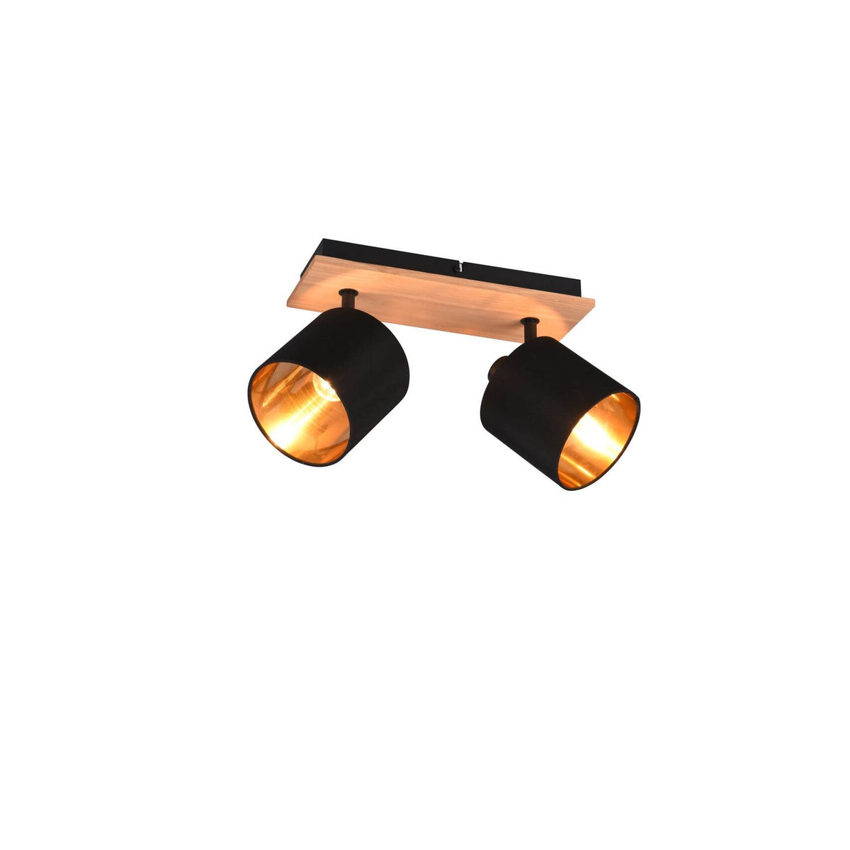 Vue trois quarts du spot double, projecteurs noirs orientables et base en bois clair.