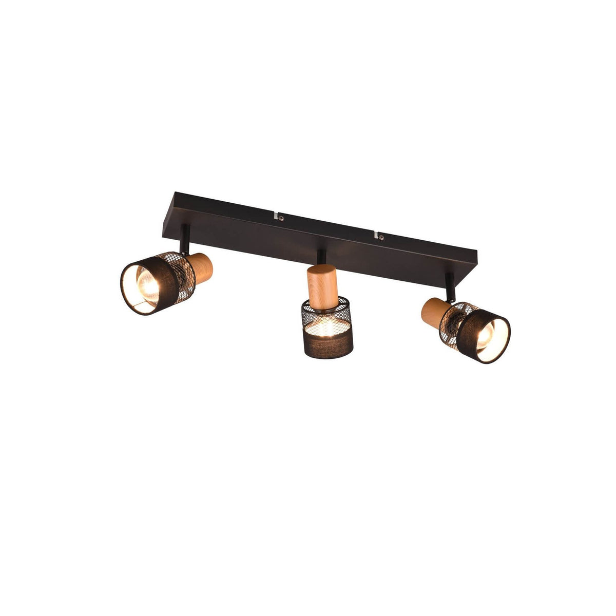 Vue de trois quarts du spot plafond noir à trois têtes orientables.