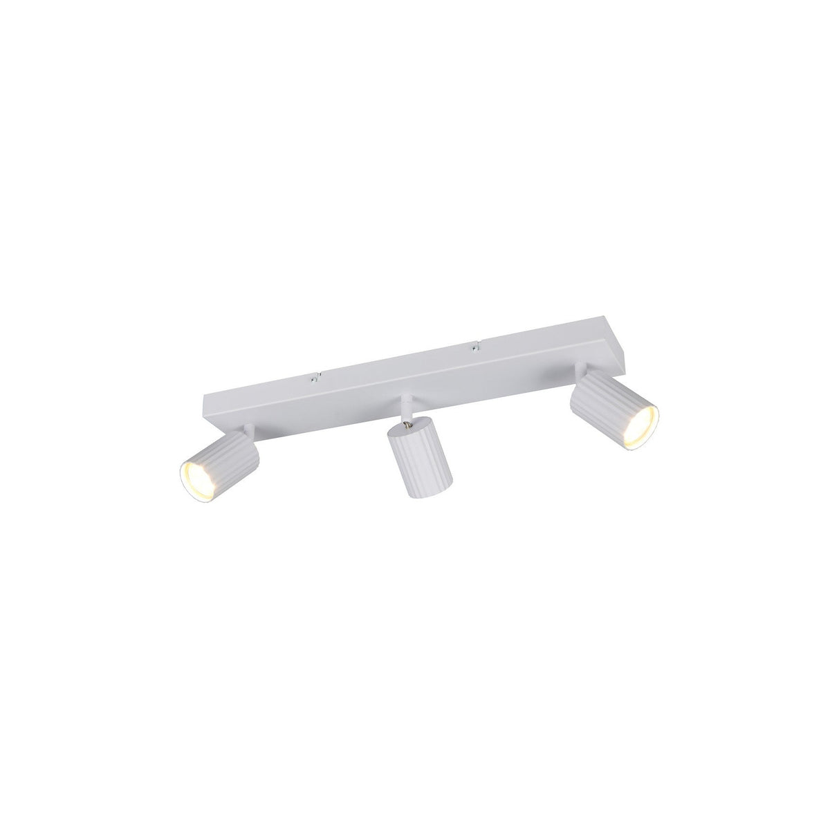 Luminaire plafond blanc mat à trois spots cylindriques orientables, vu de dessous