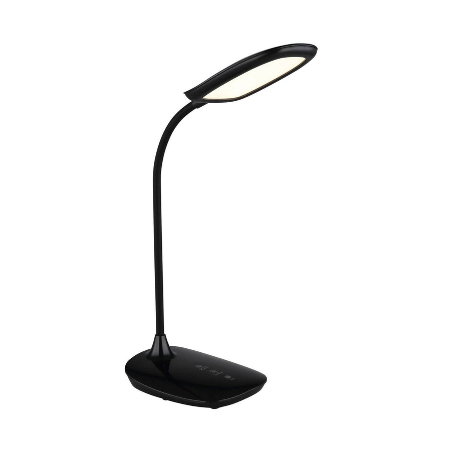 Lampe de bureau noire vue de trois quarts, tête ovale et tige flexible recourbée.