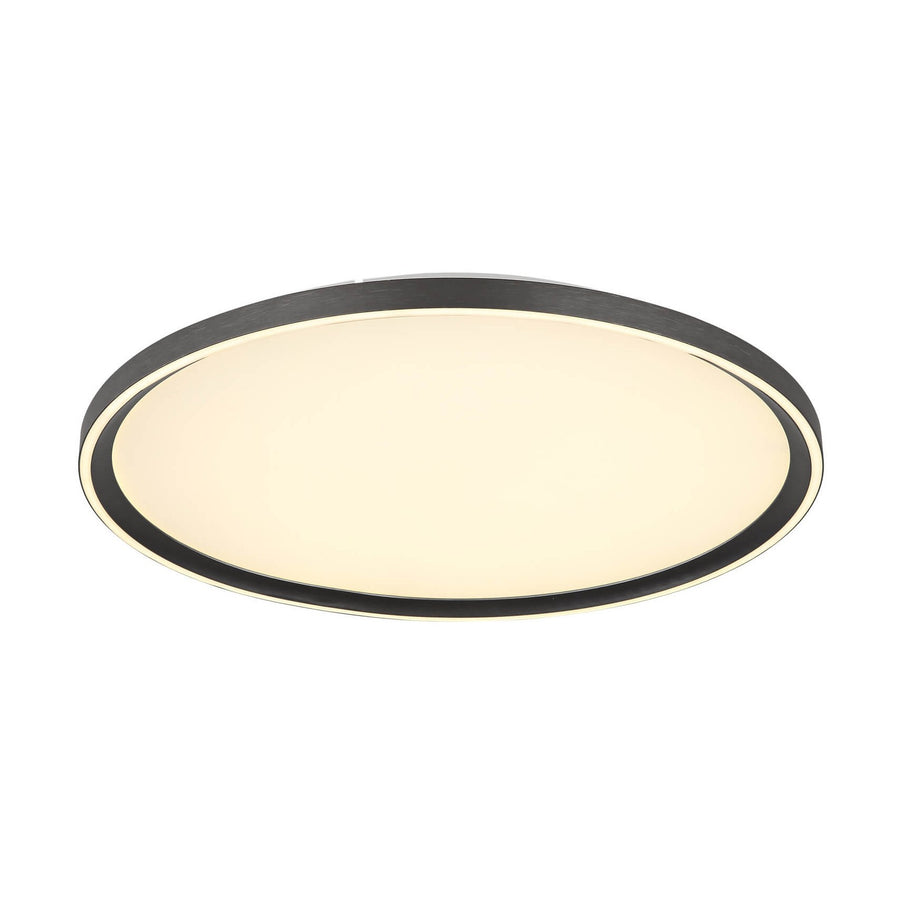 Plafonnier rond vu de face, diffuseur blanc et large cerclage gris anthracite