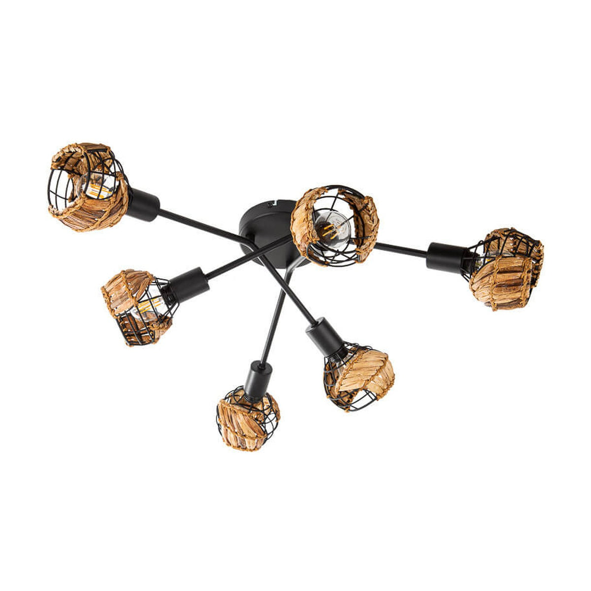 Vue de face du plafonnier noir à cinq bras, cages en rotin tressé et ampoules visibles.