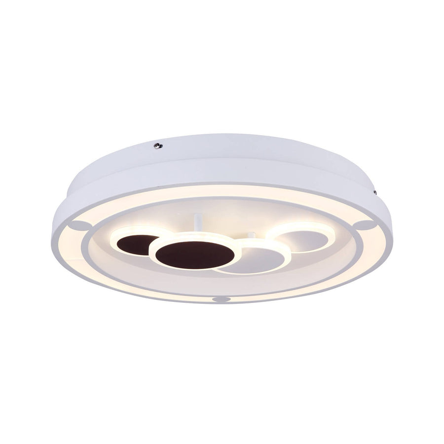 Plafonnier blanc allumé, vue de dessous sur fond blanc, lumière chaude.
