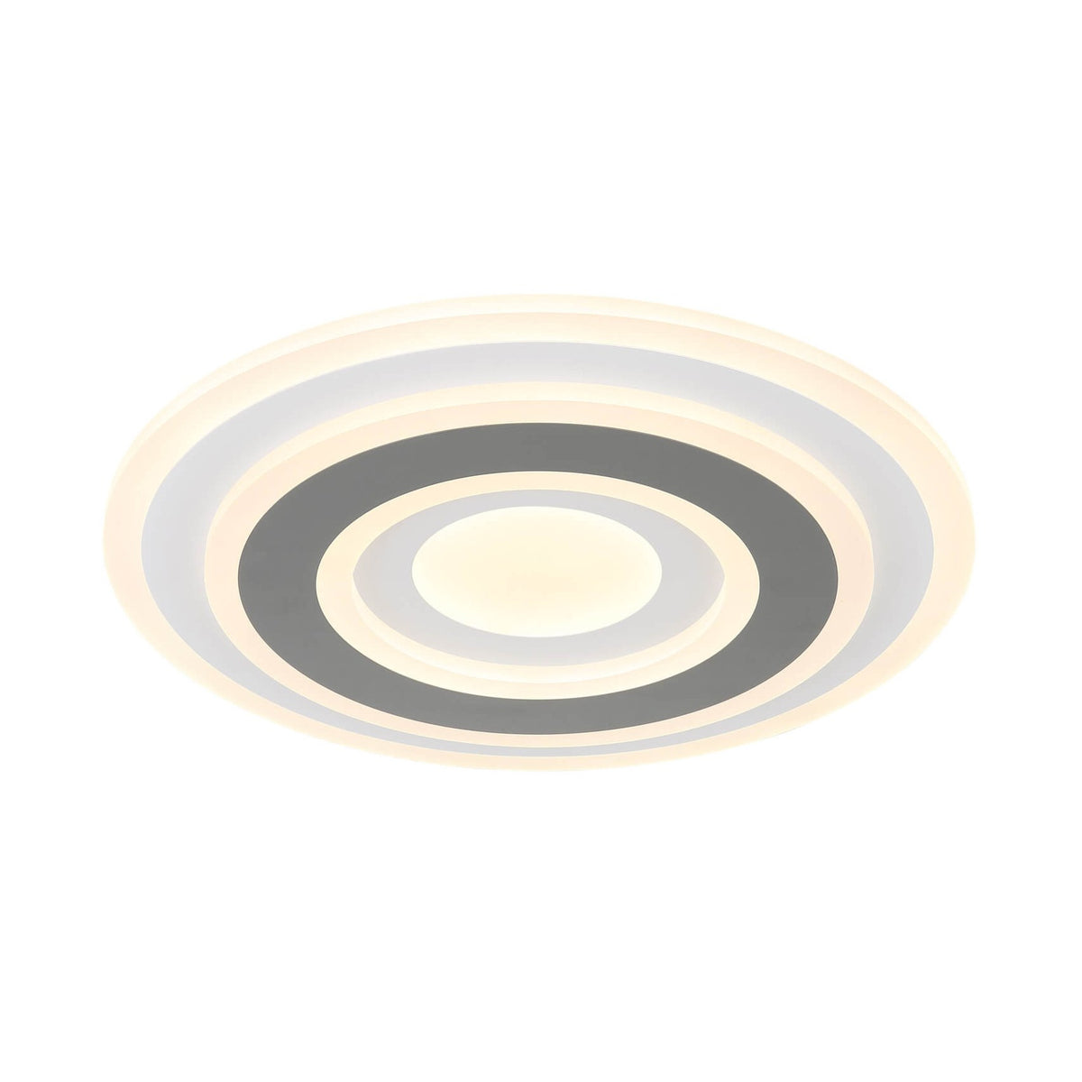 Plafonnier rond vu de face, anneaux concentriques gris et blanc, lumière éteinte