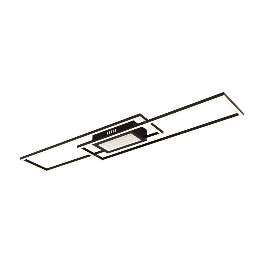 Plafonnier rectangulaire noir mat vu de trois quarts sur fond blanc