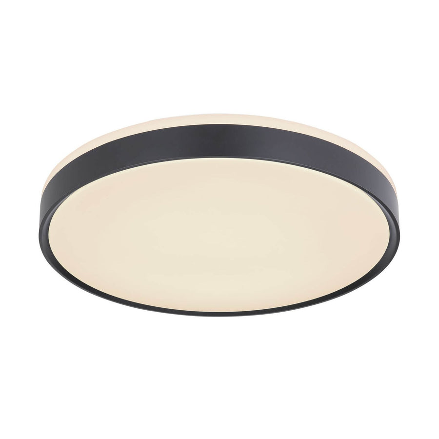 Plafonnier rond vu de trois quarts, cerclage anthracite et diffuseur opalin ivoire
