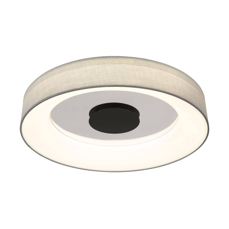 Plafonnier rond de face, abat-jour textile beige et diffuseur central blanc lumineux