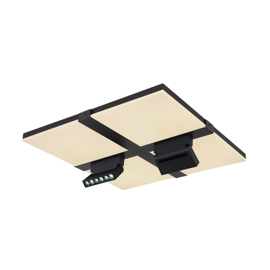 Plafonnier carré vu de trois quarts, cadre noir et diffuseurs beige