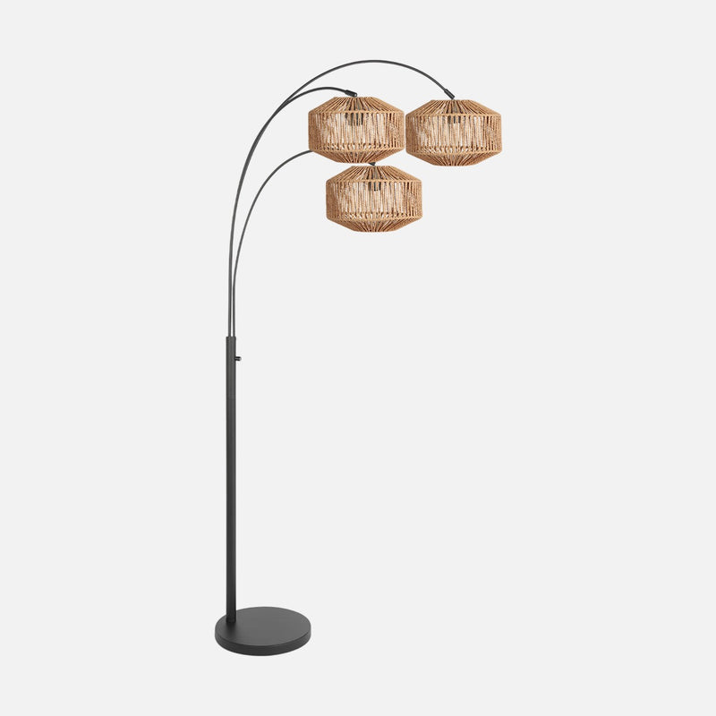 Cordéo | Natural rope arch floor lamp, 3 lights, matte black, H 180 cm
