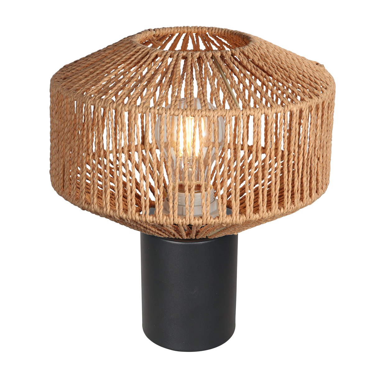 Vue de face de la lampe à poser avec abat-jour rond en corde tressée.